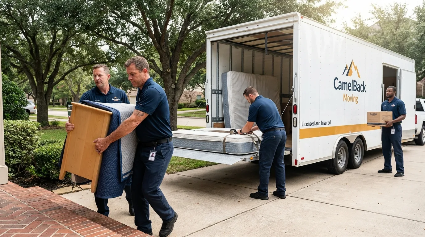 Crew loading residential truck for cross-state move from Harrah, OK