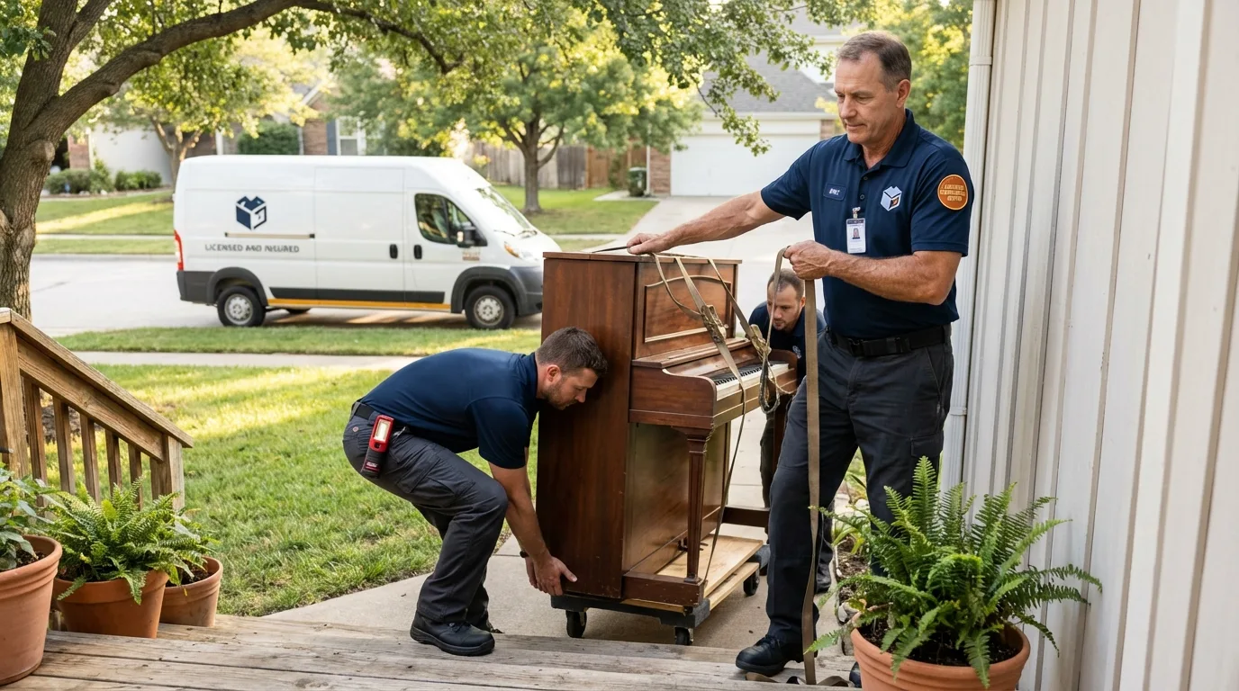 Licensed piano movers securing grand piano in Harrah, OK