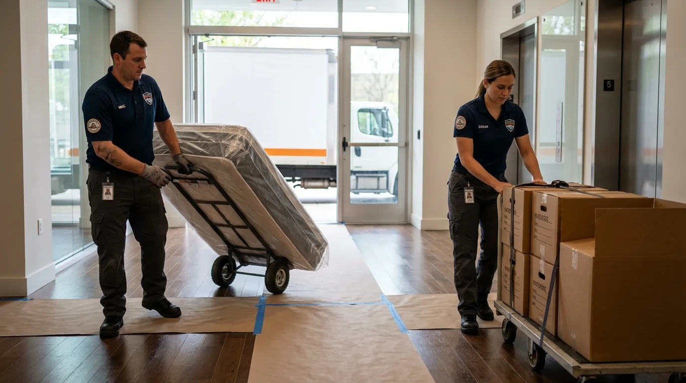 Professional apartment movers loading elevator in Harrah, OK